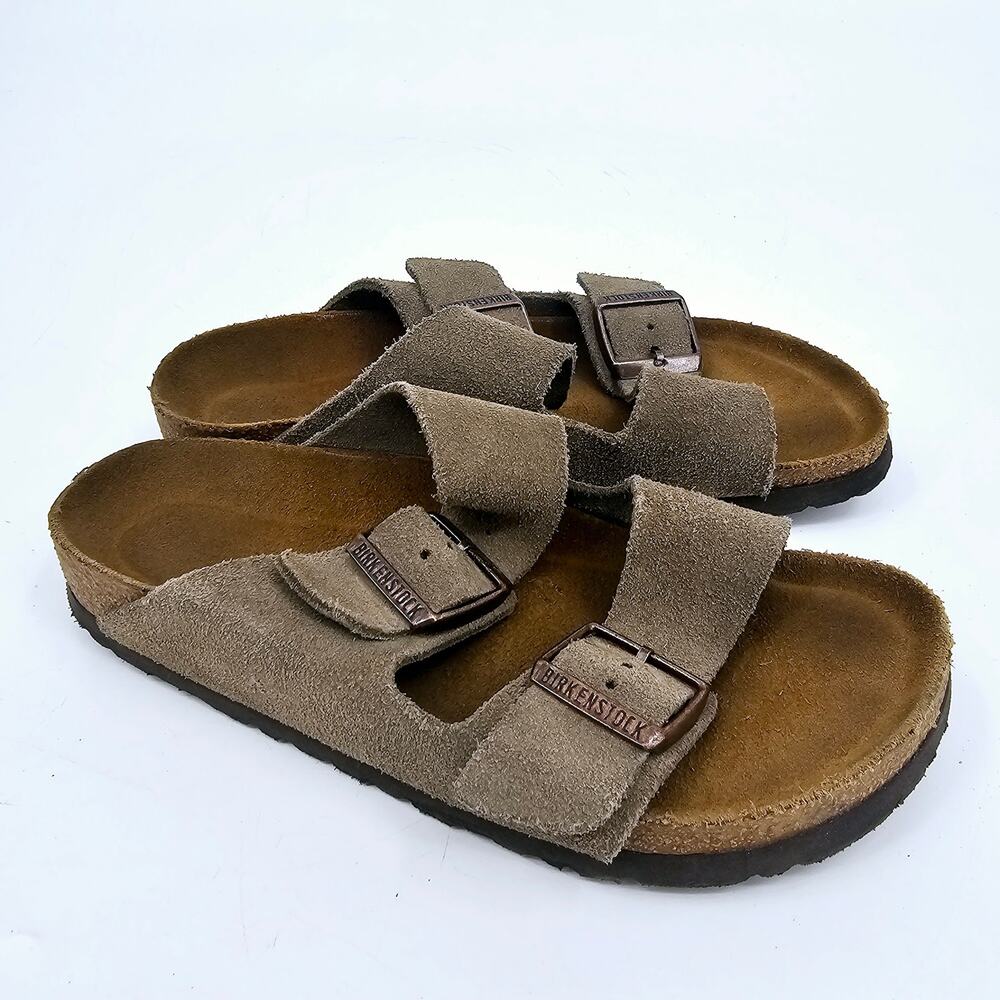 Birkenstock Arizona Soft Footbed Slide Suede Leather Sandal Taupe Womens